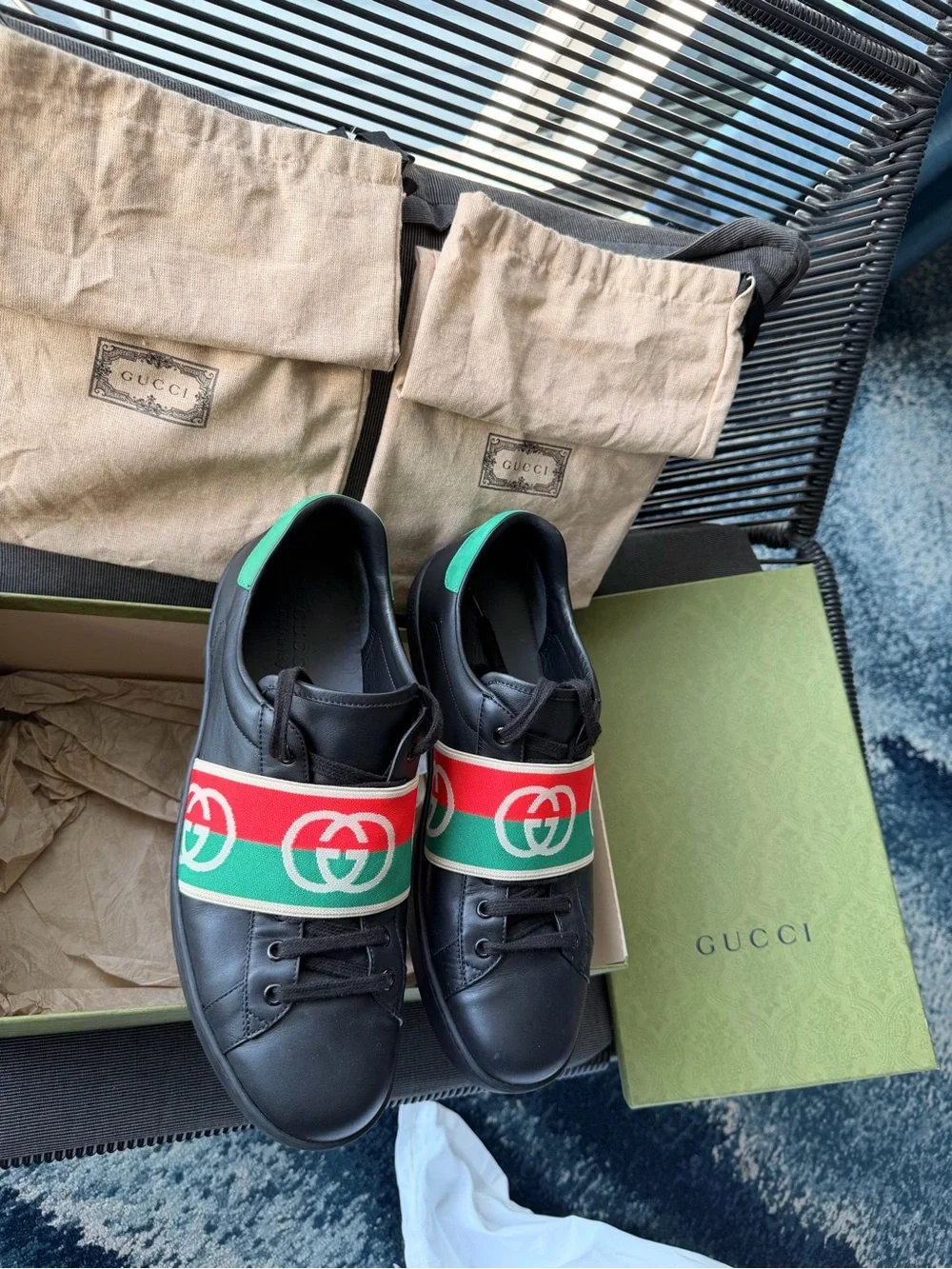 Gucci Kids Black Leather Sneakers with Red & Green Stripe